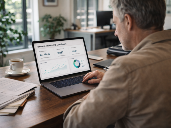 business owner reviewing payment processing dashboard on laptop